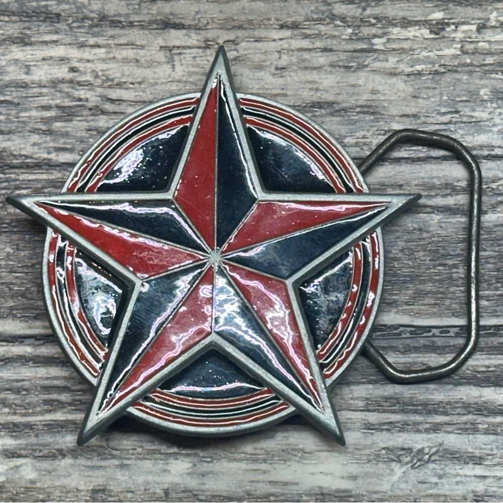 Vintage 2002 Western Star Enamel Belt Buckle Americana Red Blue - GUC